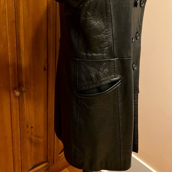 SOLD Express Double Breasted Black Leather Pea Trench Coat Vintage - Picture 5 of 10